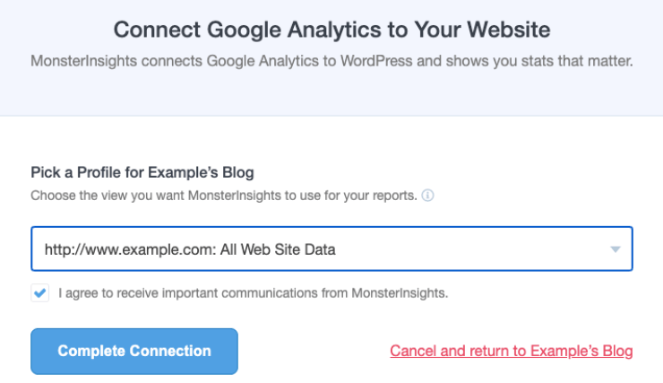 Select analytics profile in MonsterInsights