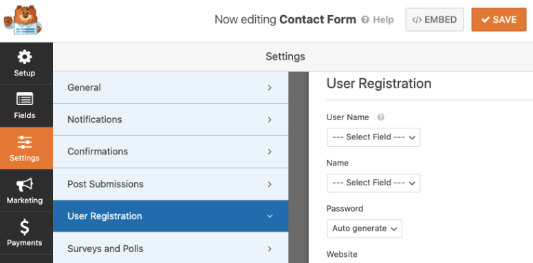 Create user registration in WPForms
