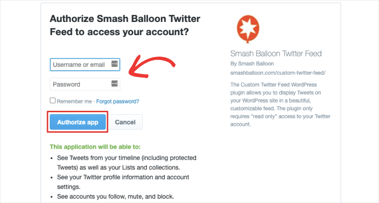 authorize app custom twitter feed smash balloon