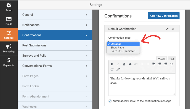 Message de confirmation wpforms