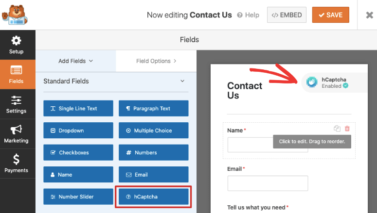 enable hcaptcha field wpforms