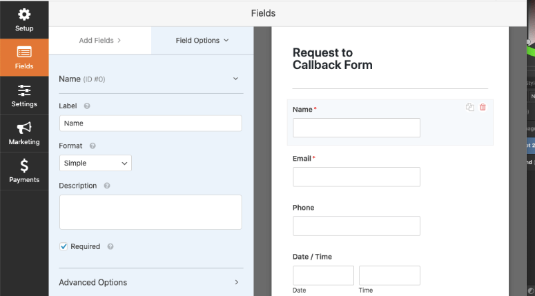 Options de champ dans wpforms