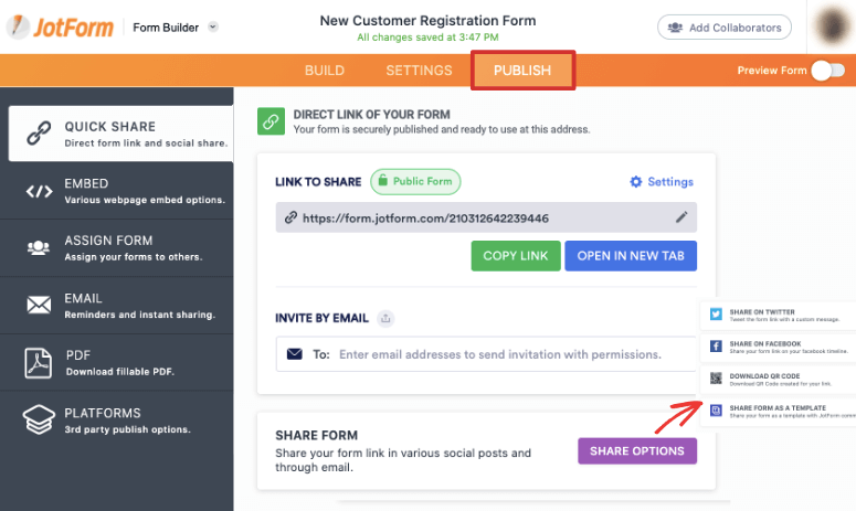 jotform publish form options