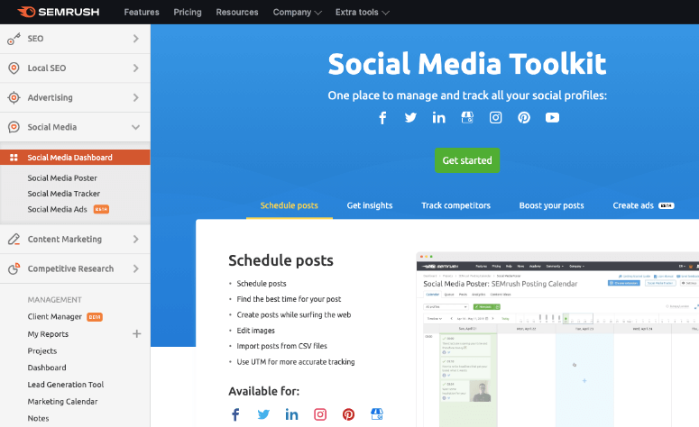 Boîte à outils des médias sociaux Semrush