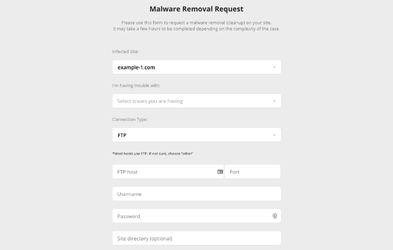 Formulario de solicitud de eliminación de malware en Sucuri