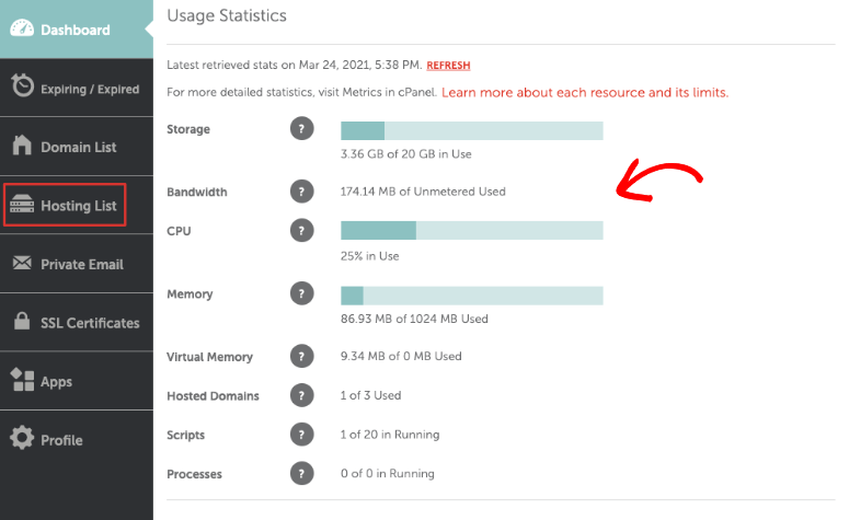 Usage data in hosting account