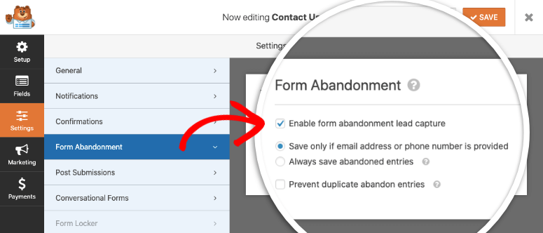 Form abandonment enable in wpforms