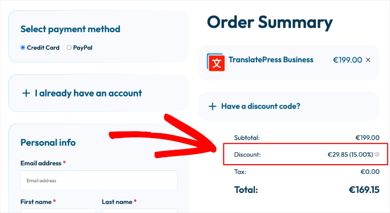 TranslatePress discount applied