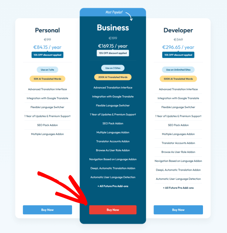 TranslatePress pricing page