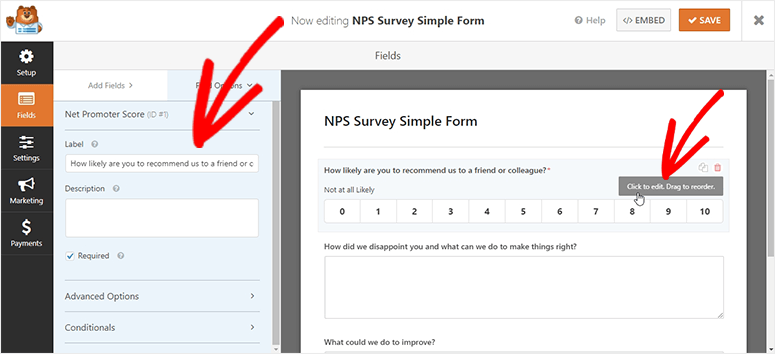 Survey form field options