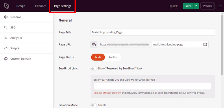 Page settings