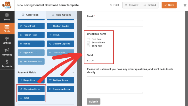 add checkbox and total in wpforms