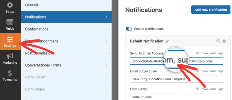 add email separated by comma in wpforms notification