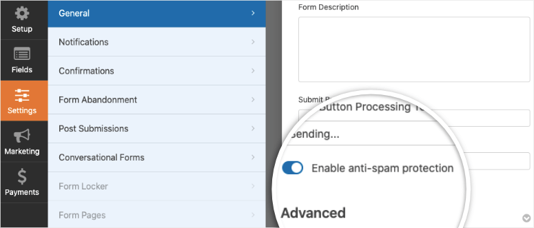 anti spam protection in WPForms