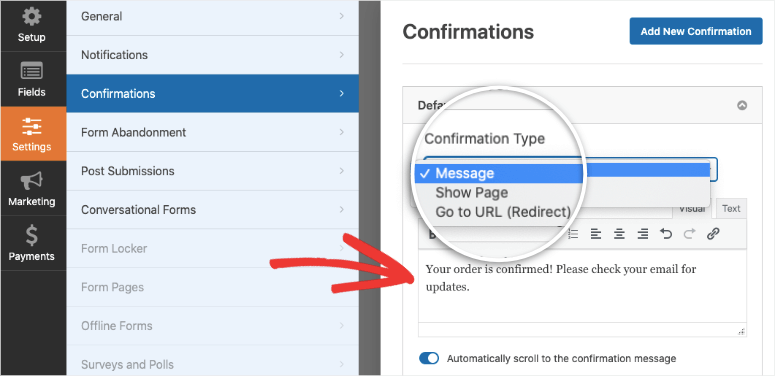 opciones de confirmación en wpforms para agregar un mensaje o redirección de URL