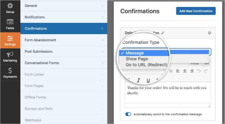 confirmation type in wpforms