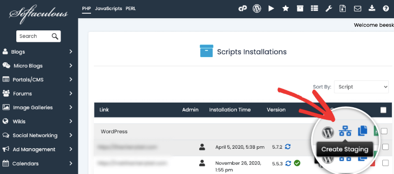 create staging with softaculous