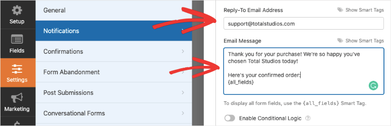 create custom message for email notification