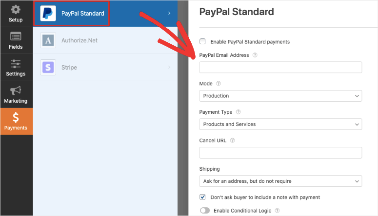 formulario para completar los datos de paypal