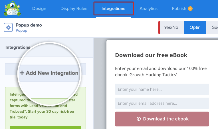 añadir nueva integración en optinmonster