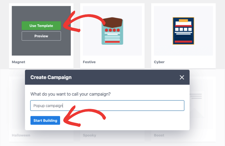 select a template and name popup campaign