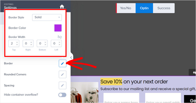 border settings optinmonster