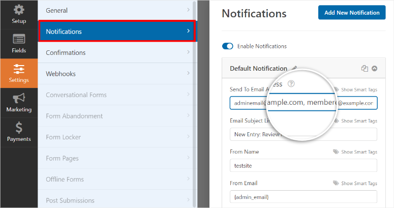 formulario de notificaciones