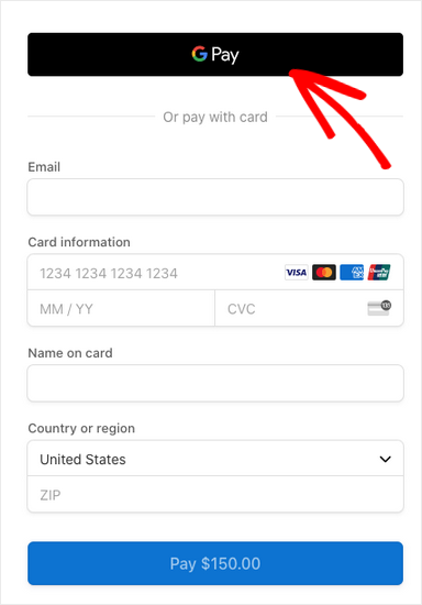 google pay option in wp simple pay