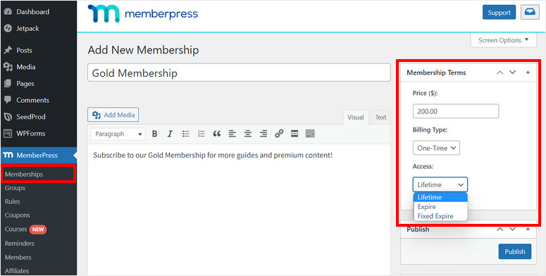 memberpress create new membership