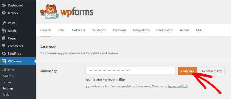 verify wpforms license