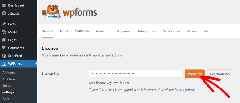 verificar la licencia de wpforms