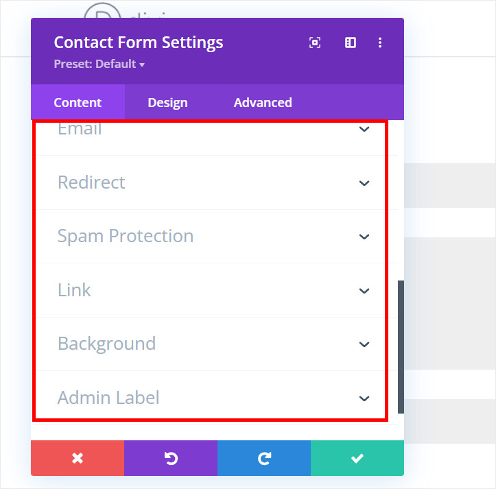 configuración del formulario de contacto divi