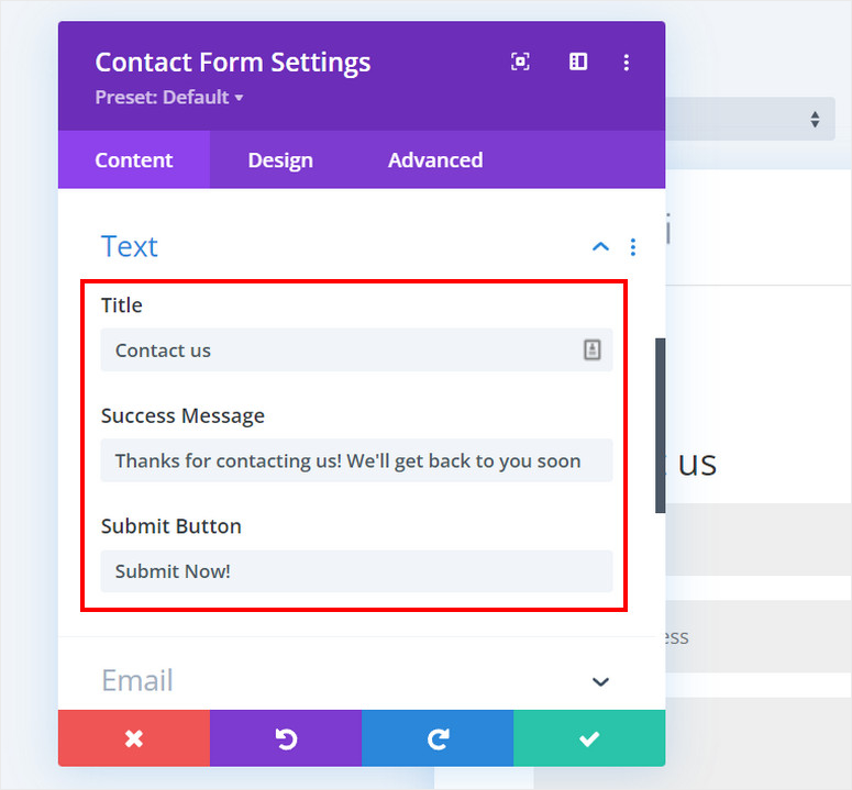 divi form name and settings