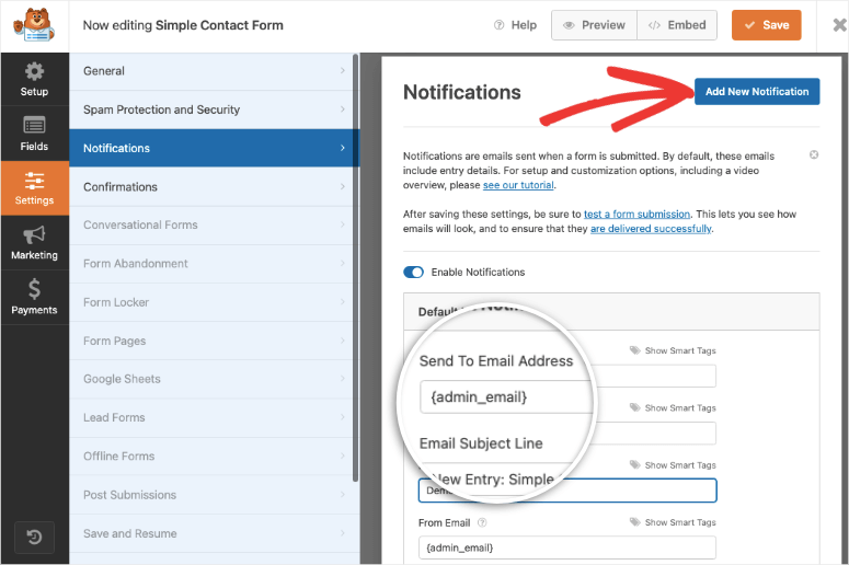 add new email notification in wpforms