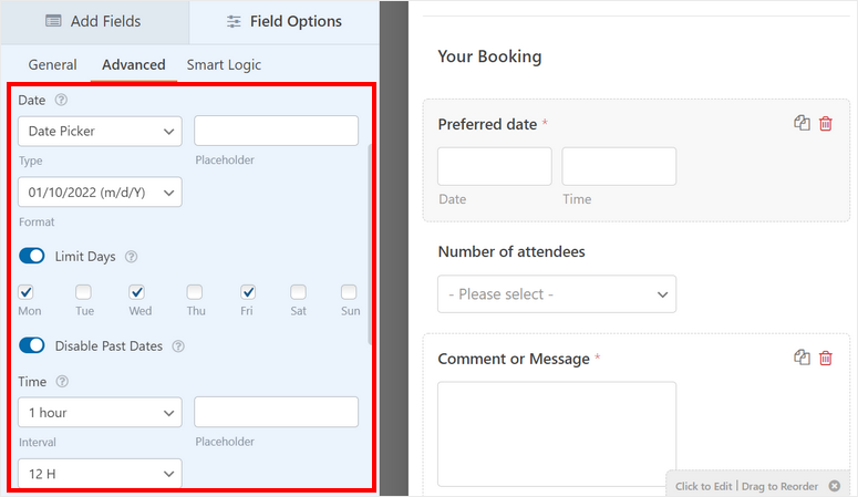 configuración del selector de fecha