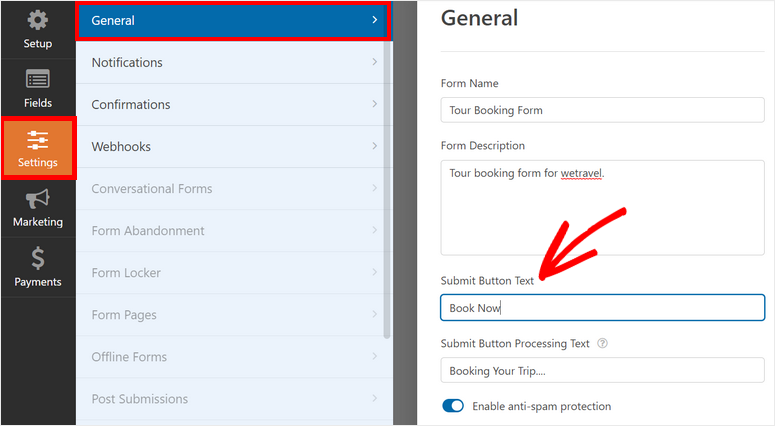 page settings booking form