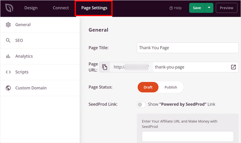 configuración de página página de agradecimiento