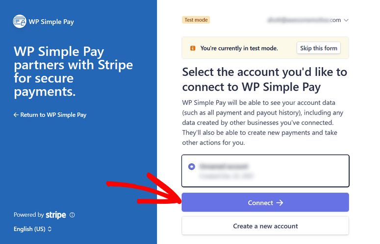 select your stripe account and click connect