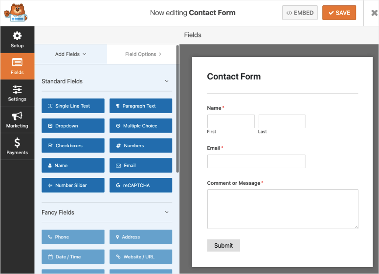 wpforms dashboard for contact form