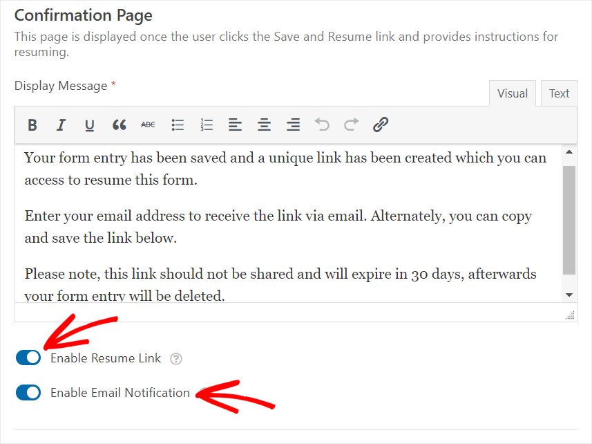 confirmation page save wordpress form progress
