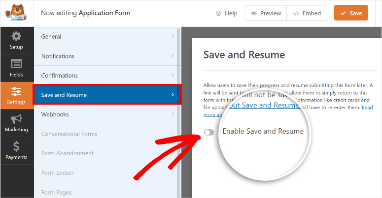 enable save and resume settings