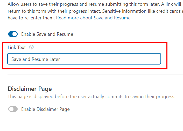 save and resume link text