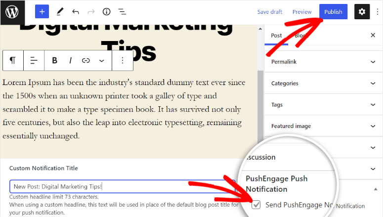 habilite las notificaciones push para la nueva publicación de wordpress