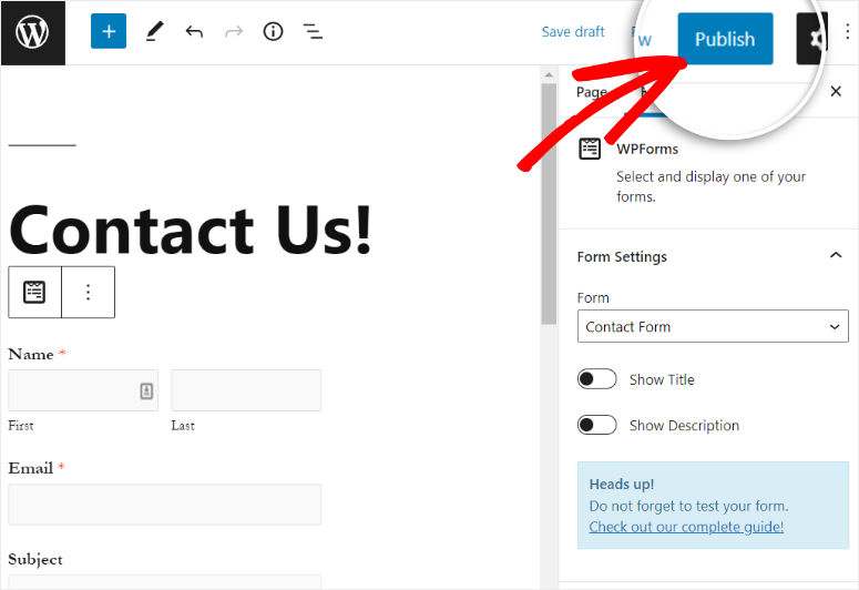 publish contact form in wordpress