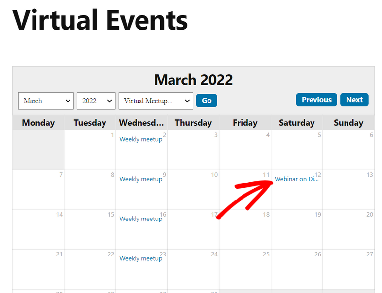 sugar events calendar in website