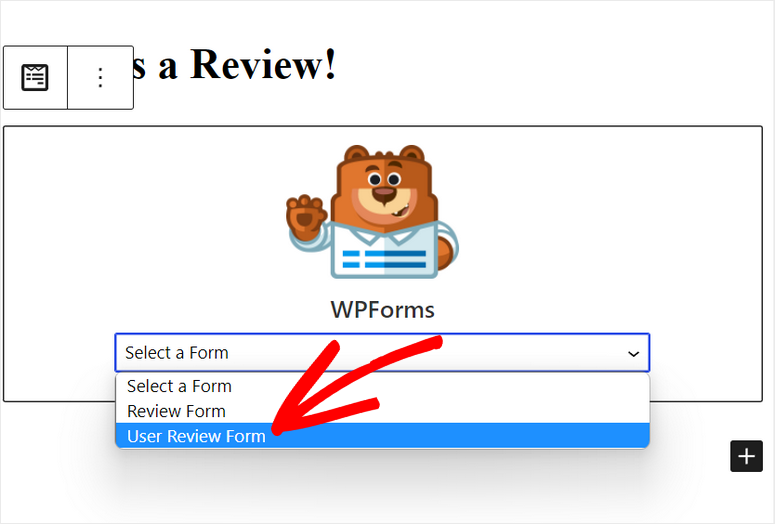 select review form in block editor
