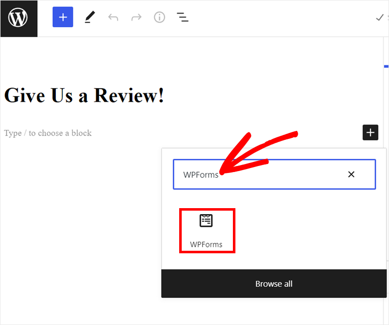 select wpforms block