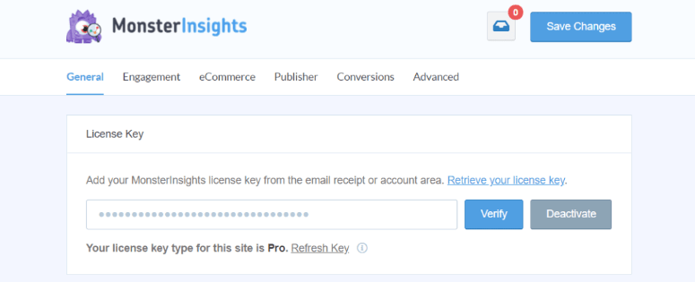 monsterinsights license key in account
