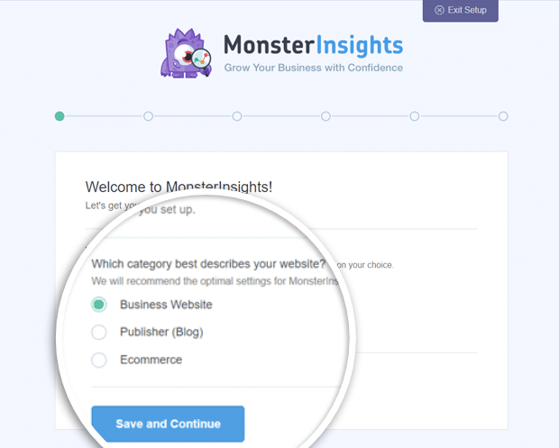 monsterinsights seleccionar categoría de sitio web