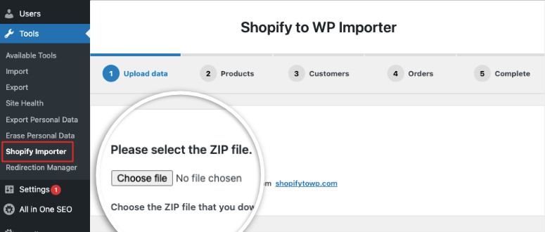 choose zip file in shopify importer